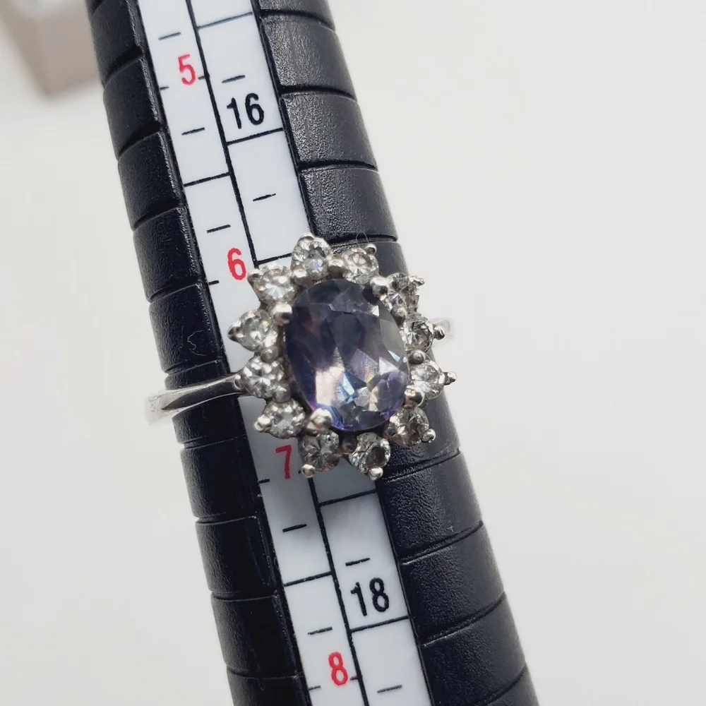 Mystic Topaz & Simulated Diamond Halo 925 Sterling Silver Ring